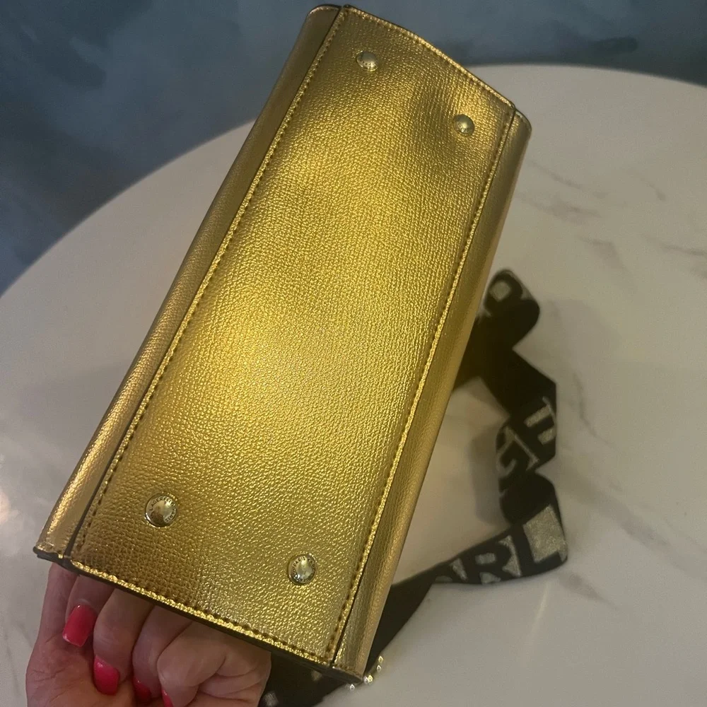 Karl Lagerfeld gold metallic handbag with black handlles & shoulder strap - Picture 6 of 11